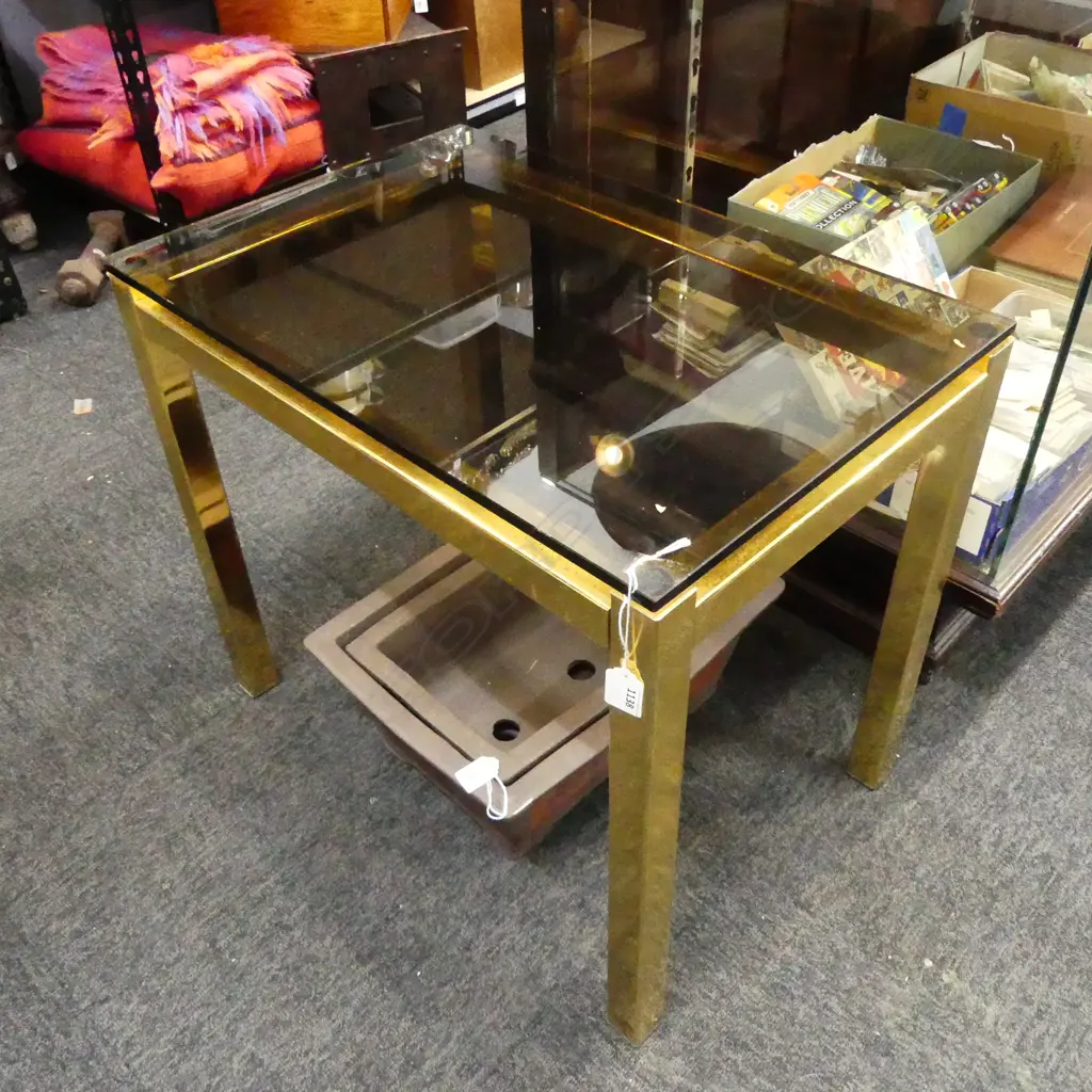 MODERN SIDE TABLE, GOLD METAL FRAME, SMOKEY GLASS TOP 600x400x520mm Image 1++