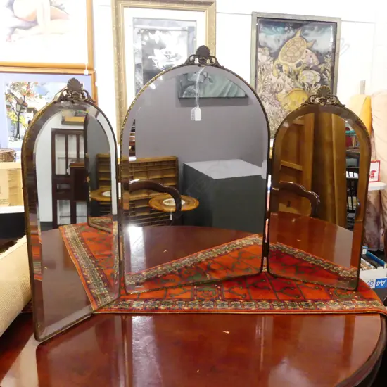 GILT METAL THREE FOLD BEVEL EDGED MIRROR H.710mm