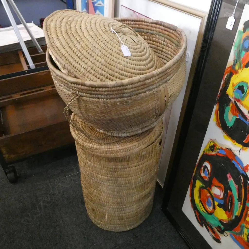 2 LIDDED WOVEN CANE BASKETS H.570mm, other 450mm dia Image 1++