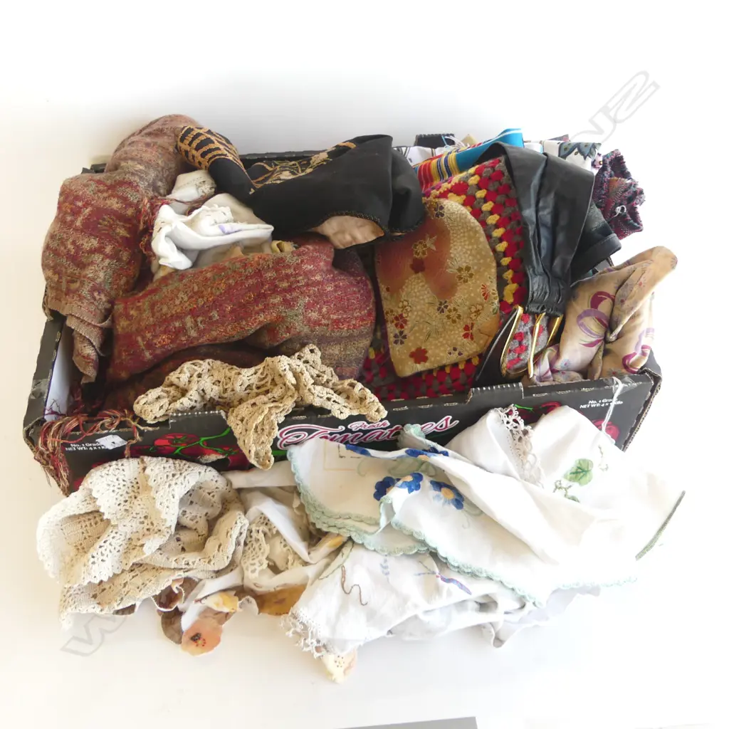 BOX OF INTERESTING VINTAGE FABRICS EMBROIDERIES ETC Image 1++