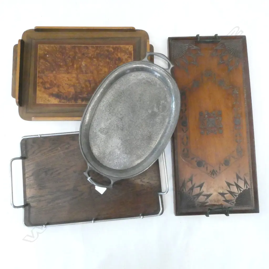 4 VINTAGE TRAYS; 3 WOODEN, 1 PEWTER W.610mm Image 1++