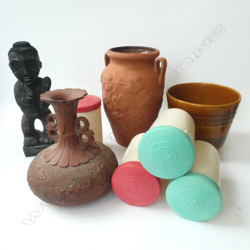 4 PLASTIC AMI TINS, PLANTER, RESIN TIKI, etc Image 1++