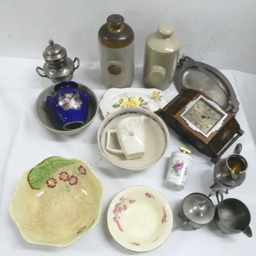 ASST. CHINA INCL. CELADON BOWL 200mm dia, CERAMIC HOT WATER BOTTLES, CLOCK, EP ETC Image 1++