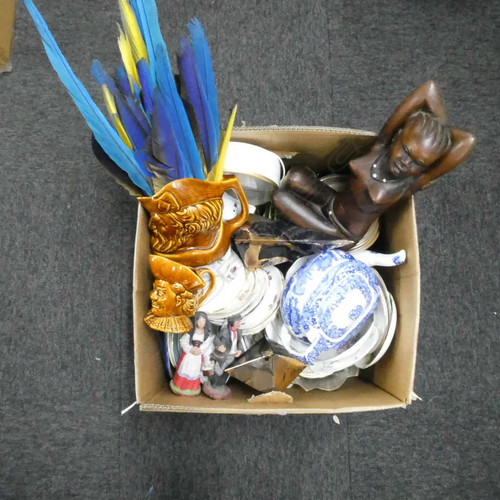 ASST. SAUCERS, SPODES ITALIAN TEA POT (LID AF), CARVED WOODEN FIGURE, FEATHERS ETC Image 1++
