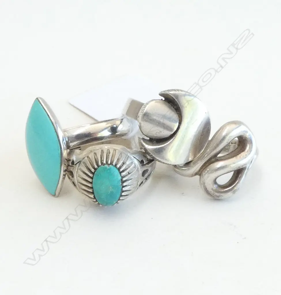 4 SILVER RINGS, 2 SET w TURQUOISE & SILVER RING STAMPED FINLAND w ASSAY MARKS Image 1++