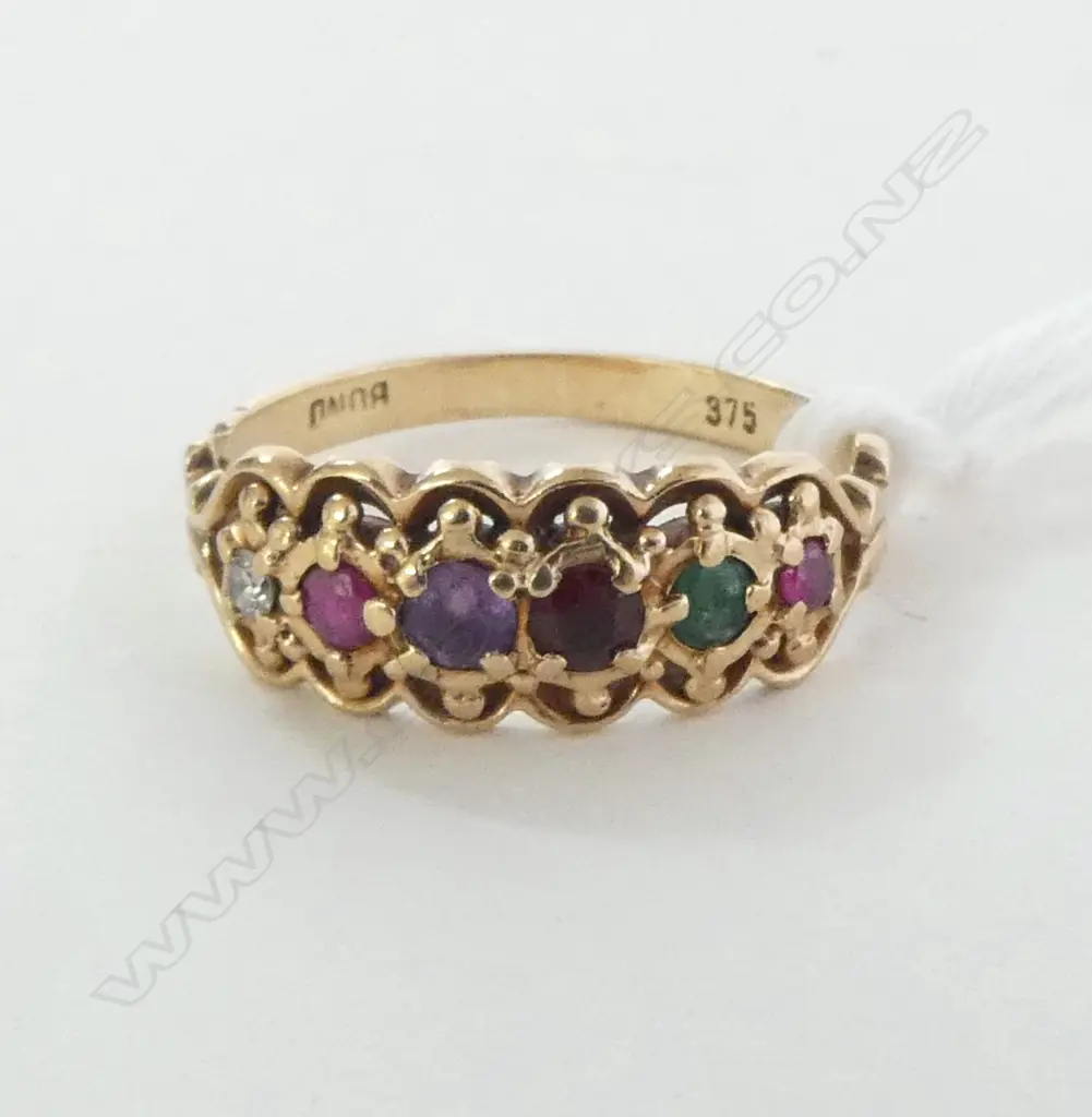 9ct BRIDGE RING, DIA. RUBY, EMERALD, SAPPH. GARNET & AMETHYST, 1.6gm SIZE K Image 1++