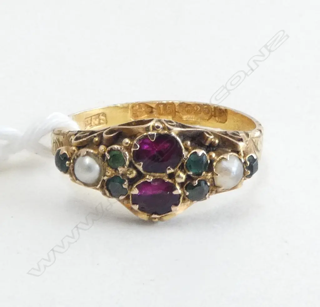 15ct ANTIQUE GEORGIAN RUBY, EMERALD & PEARL RING, 1.8gm SIZE N Image 1++