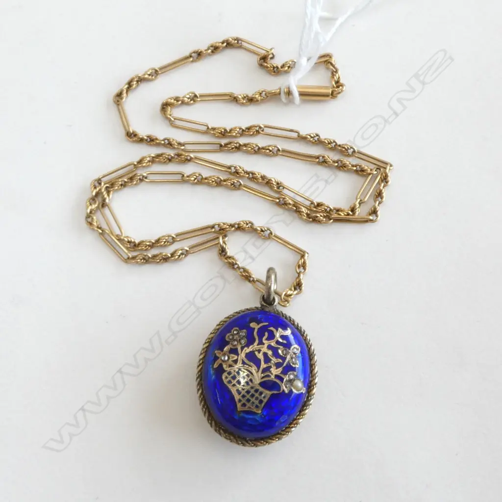 9ct GOLD ENAMEL LOCKET w old mine cut diamonds on an 18ct CHAIN (8gm) L.450mm 17gms total Image 1++