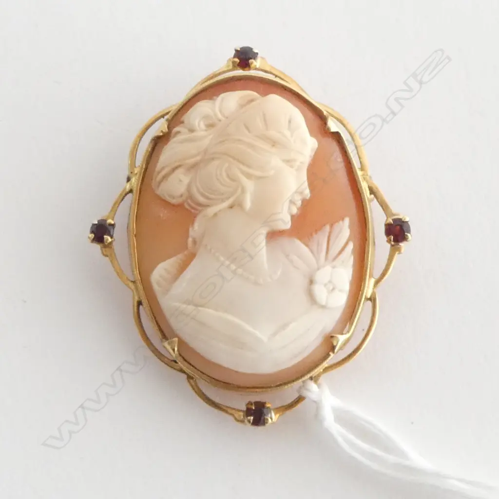 18ct GOLD framed CAMEO BROOCH WITH GARNETS 45x40mm 10.6gms Image 1++