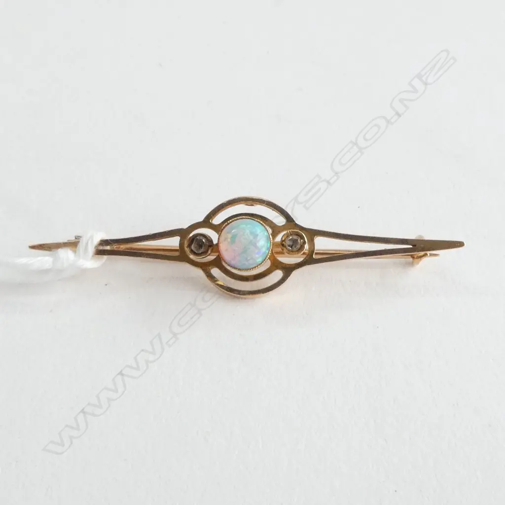 ART DECO 15ct GOLD OPAL & DIAMOND BROOCH w 9ct GOLD PIN 3.4gms Image 1++