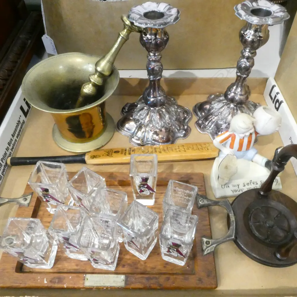 COLLECTABLES INCLDS; BRASS MORTAR/PESTLE, PR SILVER PLATE C/STICKS, GERMAN SHOT GLASSES & 1965 MINI NZ CRICKET BAT Image 1++
