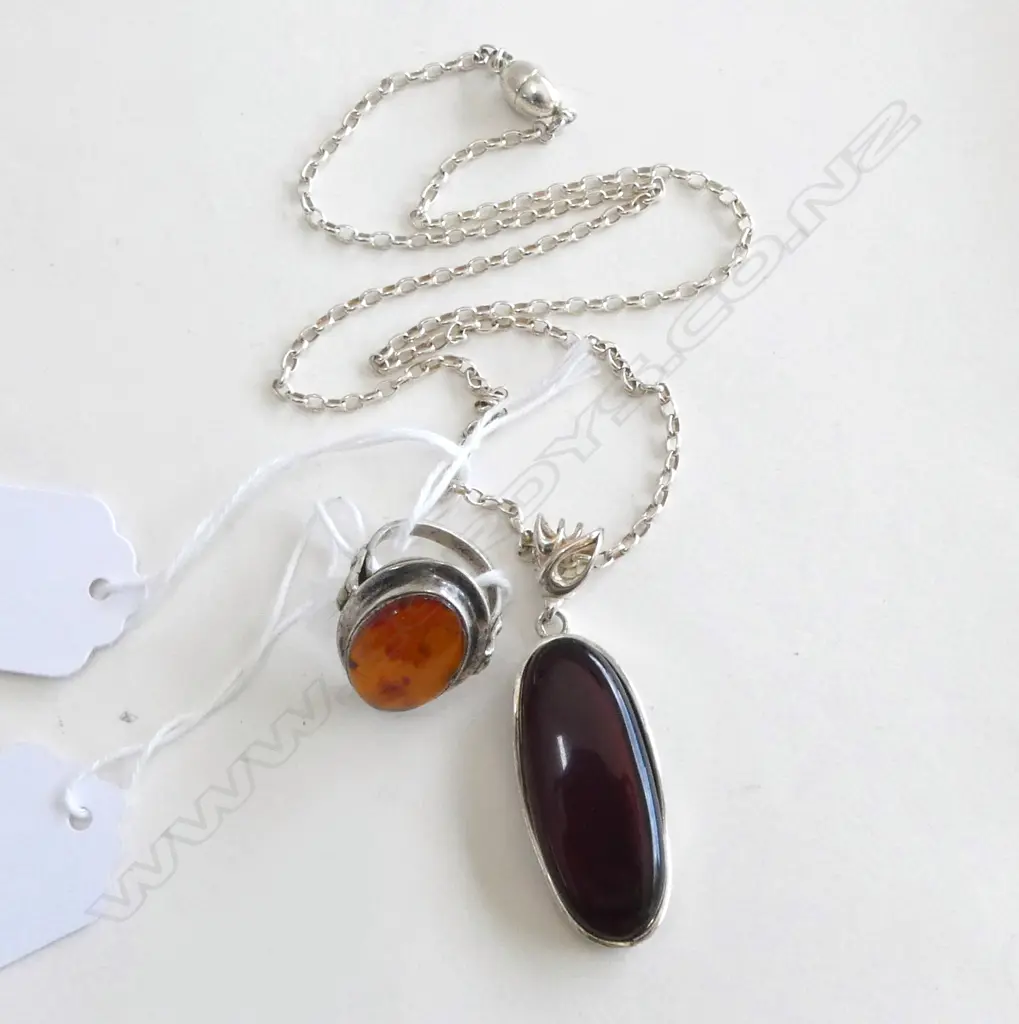 2 PC SILVER & AMBER; RING  SIZE L & PENDANT on SILVER CHAIN Image 1++