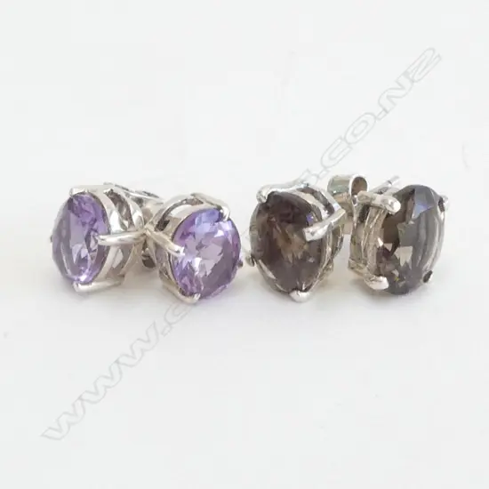 TWO PRS SILVER EARRINGS (STUDS) SMOKEY QUARTZ & AMETHYST