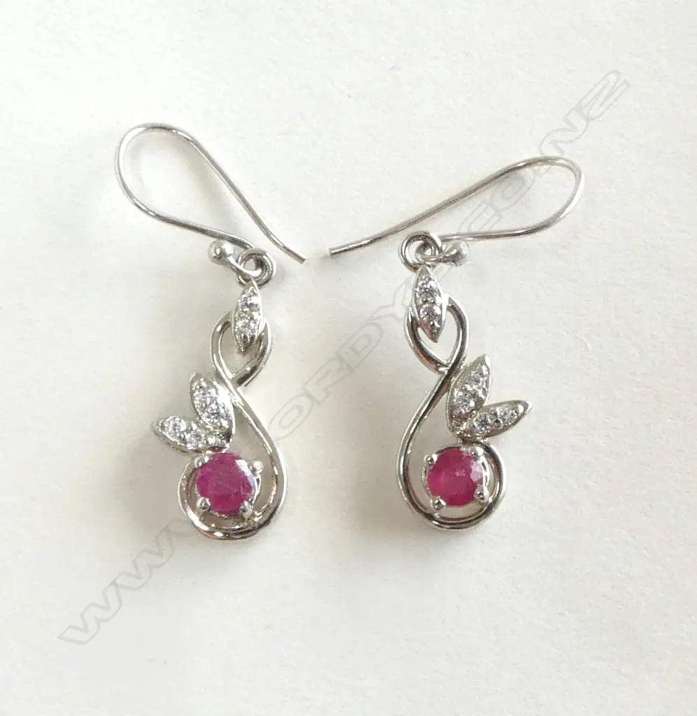 PAIR SILVER AND RUBY & CZ DROP EARRINGS Image 1++