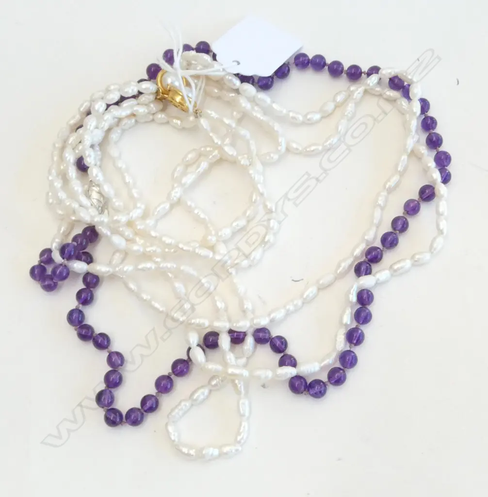 3 PC; AMETHYST NECKLACE w SILVER CLASP & FRESHWATER PEARL SET Image 1++