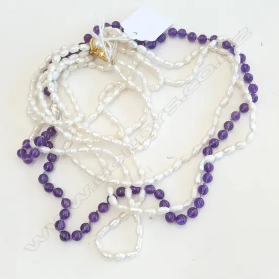 3 PC; AMETHYST NECKLACE w SILVER CLASP & FRESHWATER PEARL SET