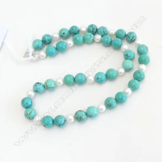 TURQOISE & PEARL BEAD NECKLACE, L.460mm