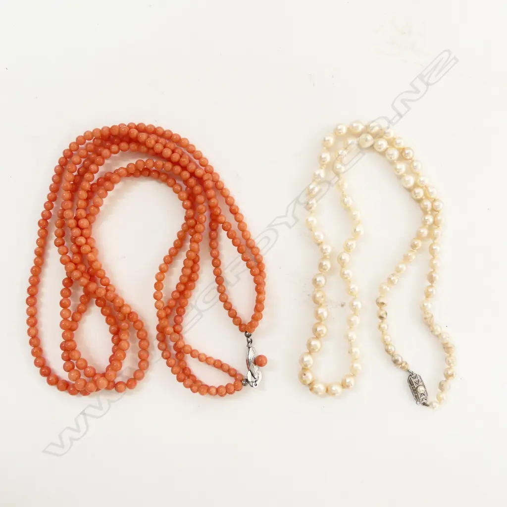 2 NECKLACES; CORAL & PEARL w. 14CT WG CLASP Image 1++