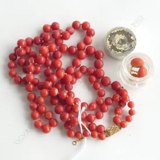TWO STRAND CORAL BEAD NECKLACE AND EARRINGS (ONE EARRING REQUIRES REPAIR)