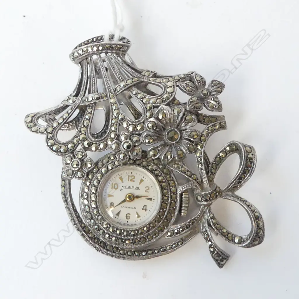 S/SILVER MARQUISITE LADIES SWISS WATCH BROOCH Image 1++