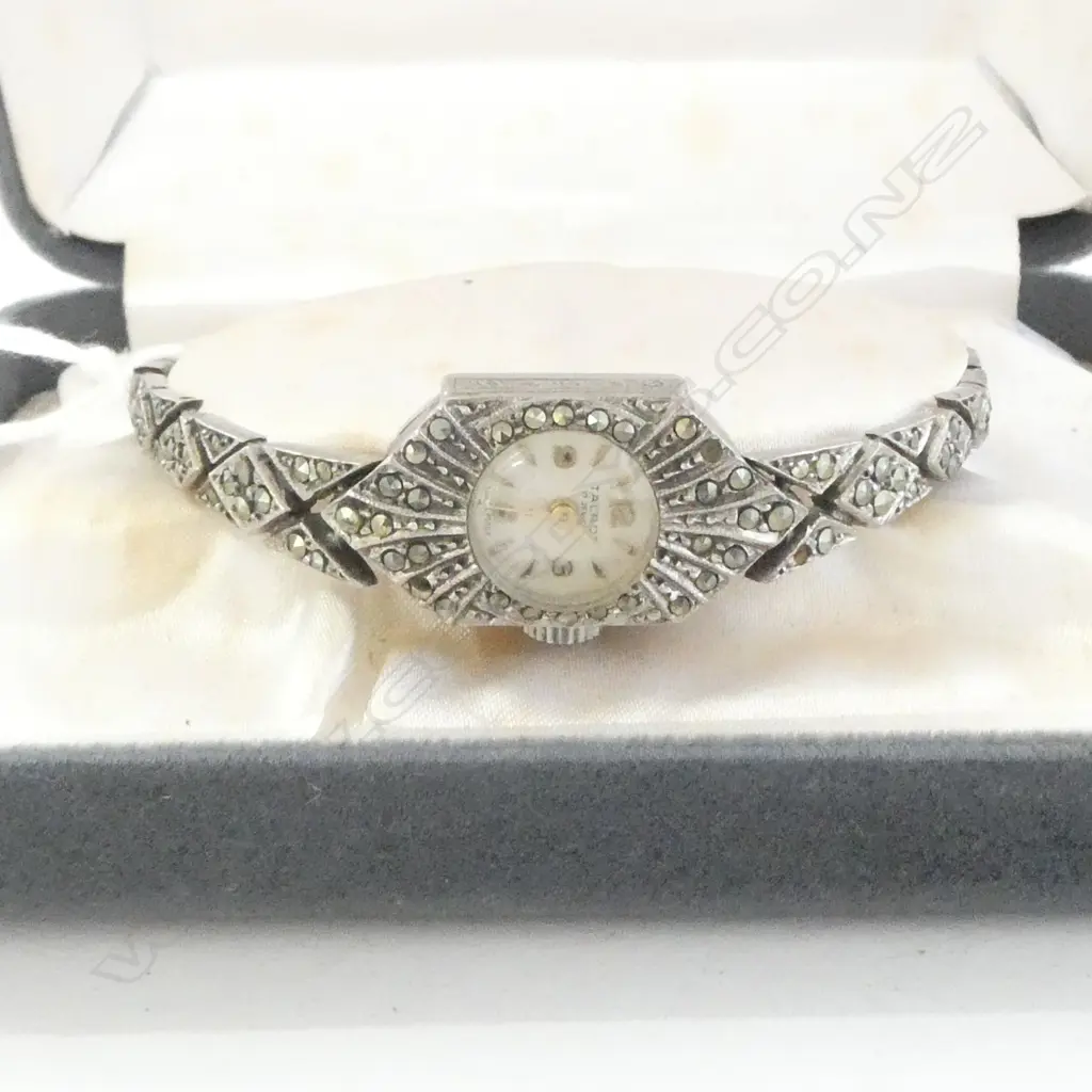 CASED LADIES S/SILVER & MARQUISITE  WRISTWATCH Image 1++