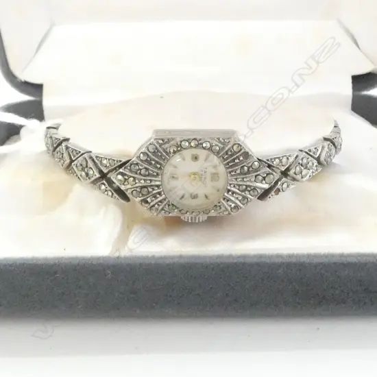 CASED LADIES S/SILVER & MARQUISITE  WRISTWATCH