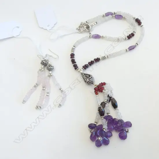 SILVER AND FACET CUT GARNET + AMETHYST TASSELLED NECKLACE & PR SILVER & ROSE QUARTZ DROP EARRINGS