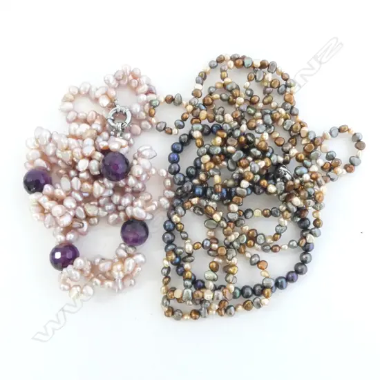 3 FRESH WATER PEARL NECKLACES (DYED) & F/W PEARL & QUARTZ NECKLACE