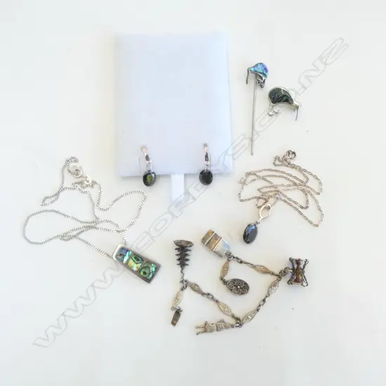 ASSTD SILVER; NECKLACE/EARRING SET, CHINESE CHARM BRACELET & 3 PCS NZ PAUA