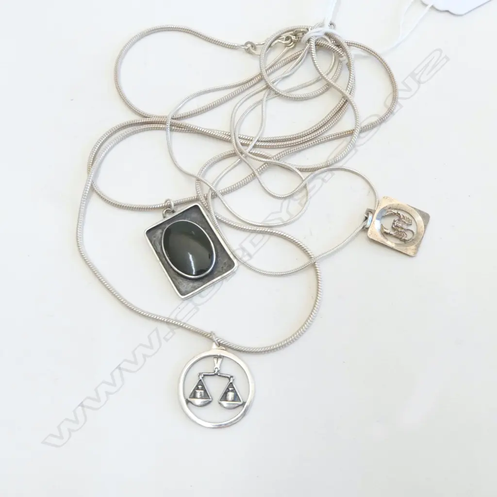 THREE SILVER PENDANTS on SILVER CHAINS, 2 STAR SIGN L.500mm & GREEN STONE, L.460mm Image 1++
