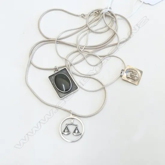 THREE SILVER PENDANTS on SILVER CHAINS, 2 STAR SIGN L.500mm & GREEN STONE, L.460mm