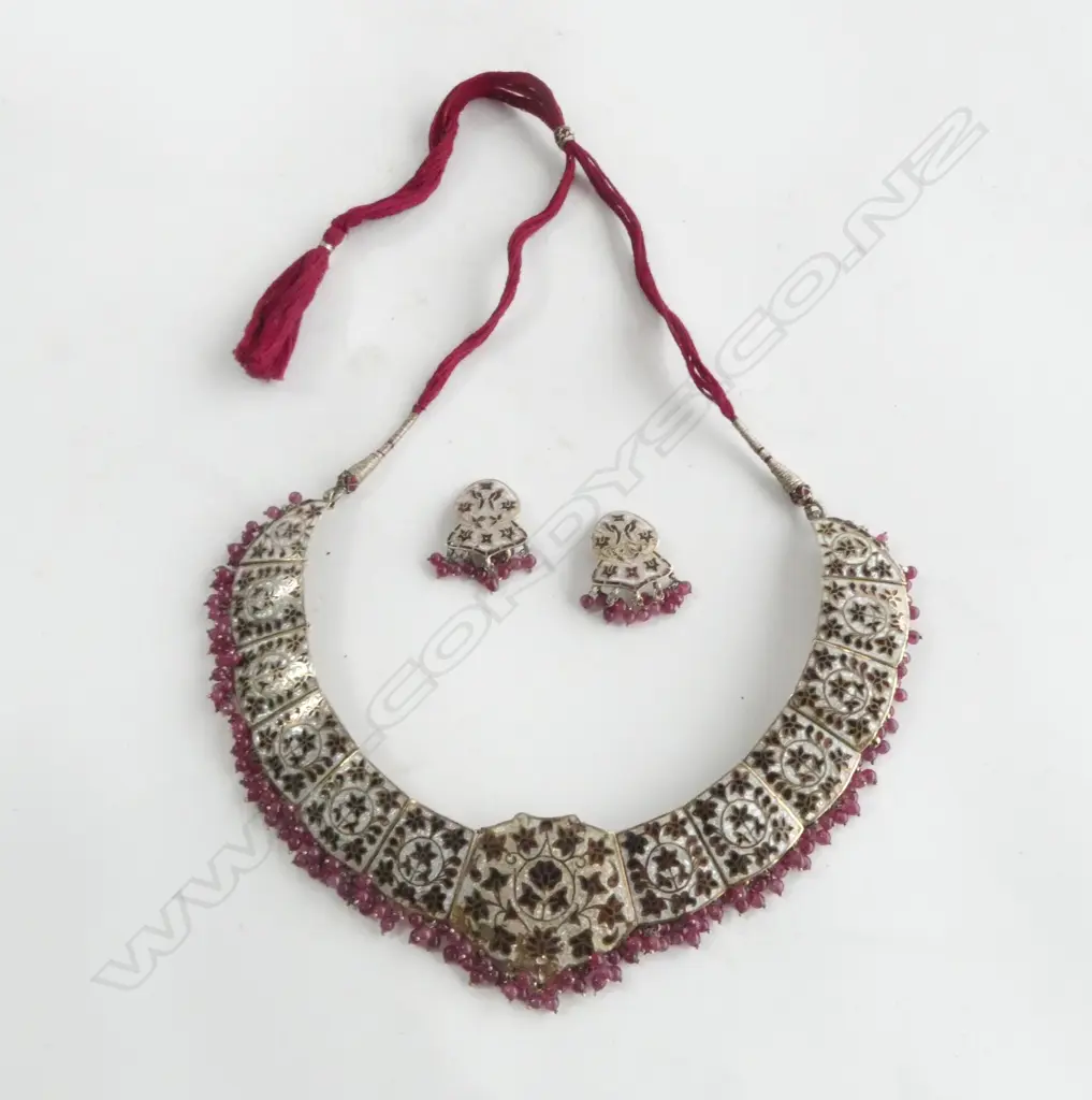 VINTAGE silver gilt ETHNIC NECKLACE & EARRING SET,  CLOISONNE & GARNET BEADS earrings with 9ct GOLD CLIPS Image 1++