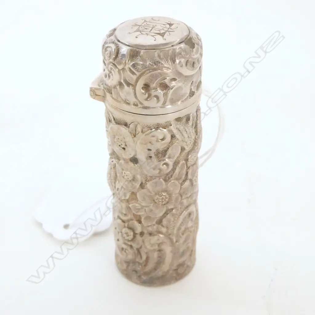 VICTORIAN SILVER CASED PERFUME BOTTLE heavily embossed with birds and flowers, H.70mm Image 1++