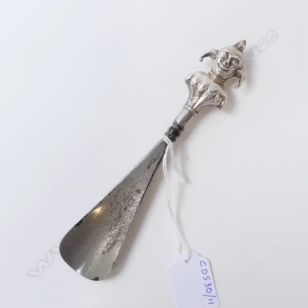 STG SILVER ‘JESTER’ SHOEHORN BIRMINGHAM 1907, STEEL HORN, L.165MM  Image 1++
