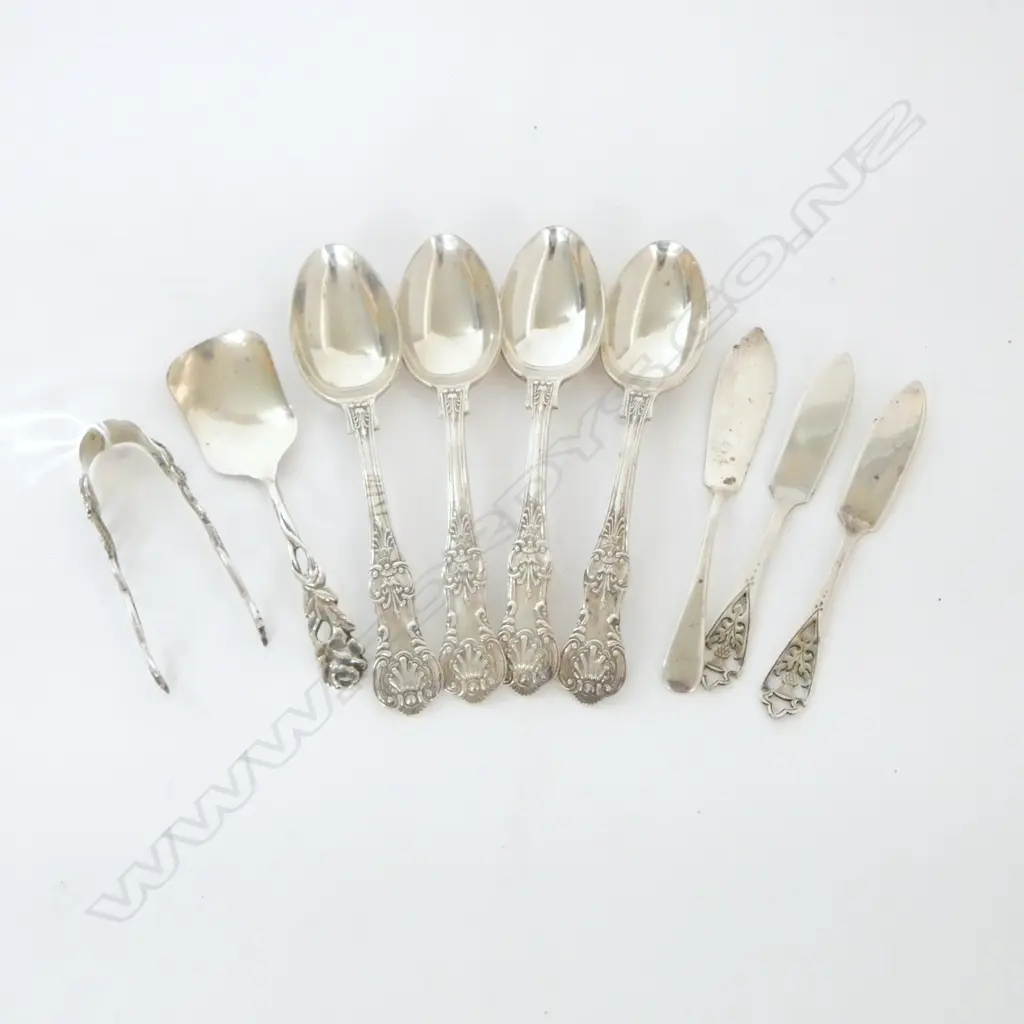 9 PCS 20thC SILVER; 4 SILVER TEASPOONS, 3 BUTTER KNIVES, SUGAR TONGS & OTHER, 173gms Image 1++