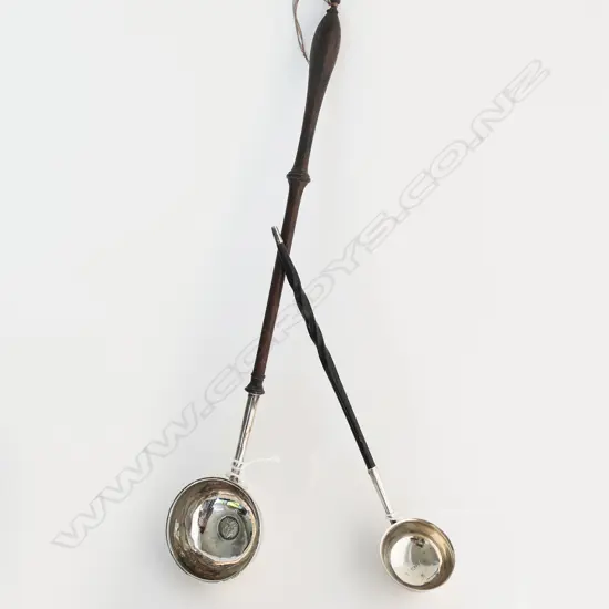 2 SILVER TODDY LADLES; GEORGE III & IV, 1 TWISTED WHALE BALEEN HANDLE, L.330 & 220mm