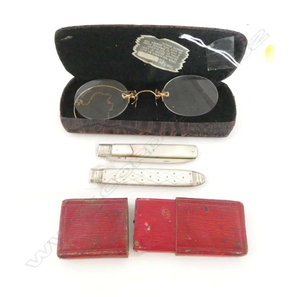 ANTIQUE GOLD FILLED PINCE-NEZ GLASSES in CASE & PR ANTIQUE SILVER & MOP POCKET KNIVES in ORIG. CASE Image 1++
