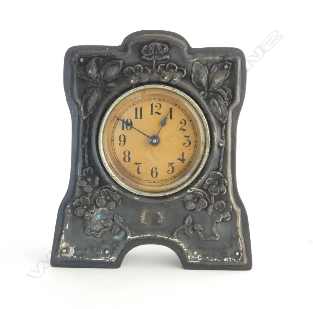 S/SILVER FACED EDWARDIAN ART NOUVEAU DRESSING TABLE CLOCK H120 Image 1++