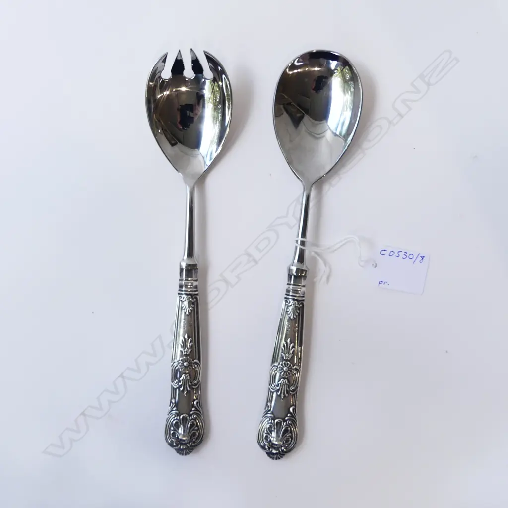 PR OF STG SILVER HANDLED KINGS PATTERN SALAD SERVERS SHEFFIELD 1966, L.240MM Image 1++