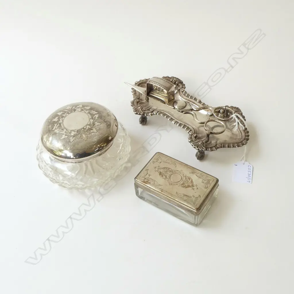 2 VICTORIAN TRINKET BOXES & CANDLE SNUFFER ON TRAY, SILVER PLATED Image 1++