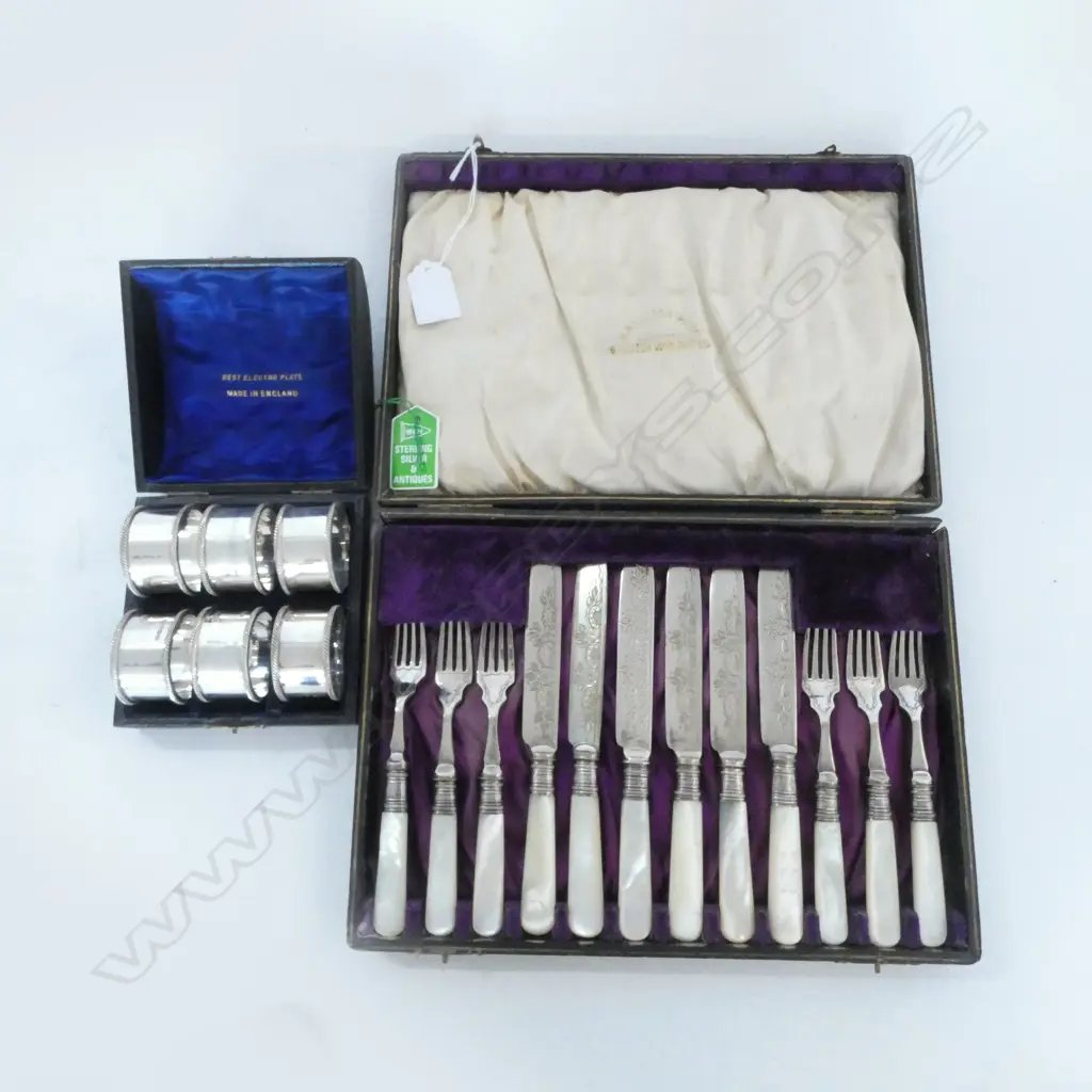 12 PCE CASED FRUIT SET, MoP HANDLES, STG TRIM + 6 EP NAPKIN RINGS, CASED Image 1++