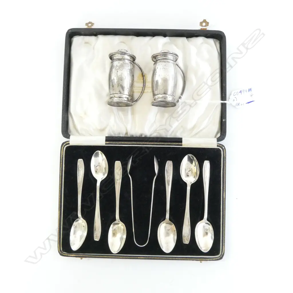 **RTV** 6 STG SILVER TEASPOONS + TONGS, CASED + PR CONDIMENTS 148grms total Image 1++