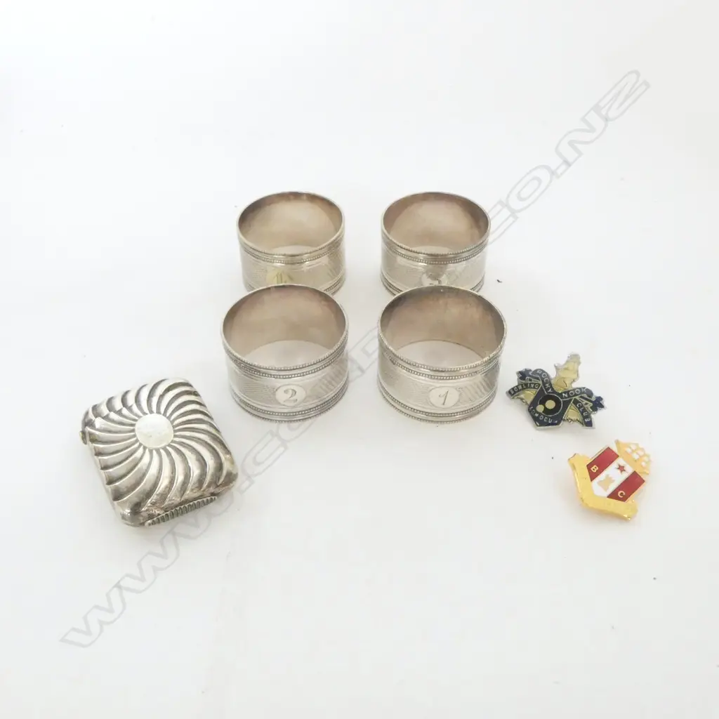 4 SILVER PLATED? NAPKIN RINGS (numbered 1-4), S/PLATED VICTORIAN VESTA CASE & 2 BADGES Image 1++