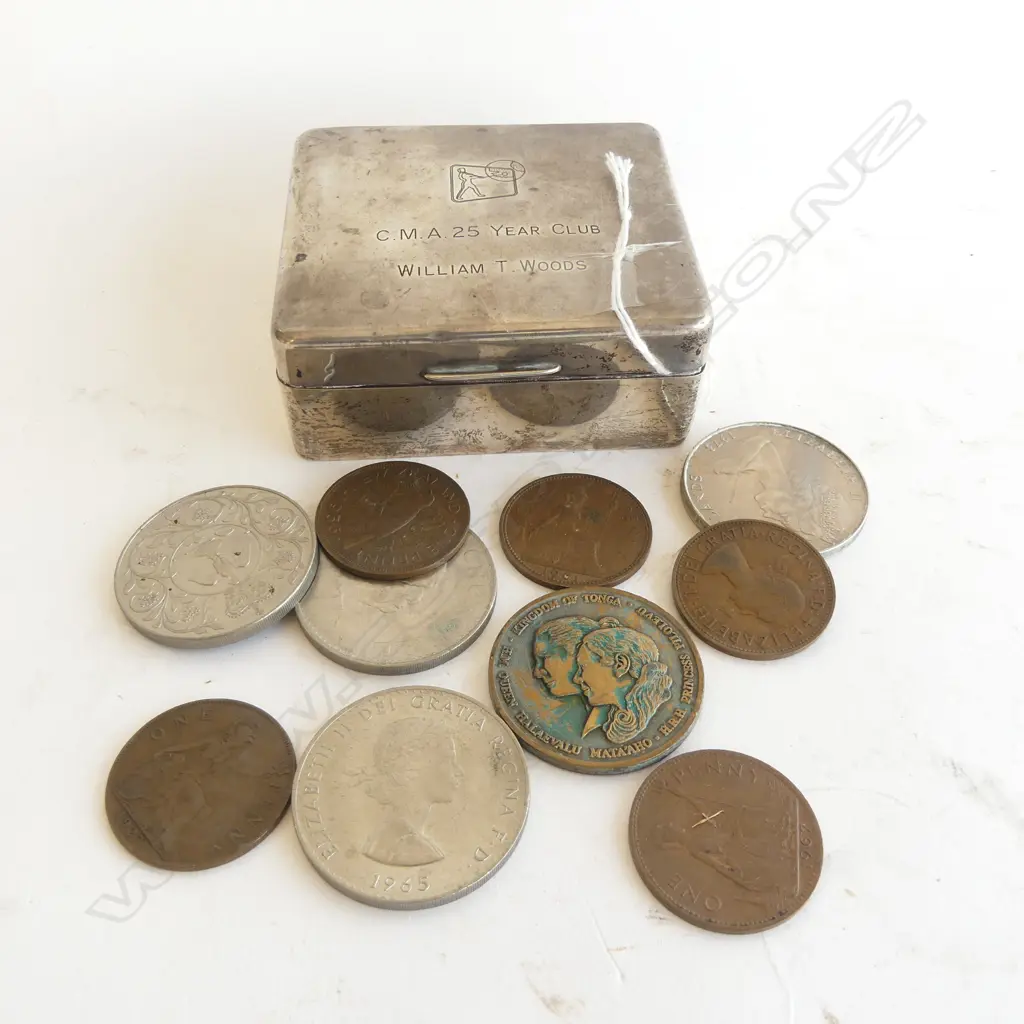 STG SILVER BOX, B'HAM 1955 + ASST. COINS Image 1++