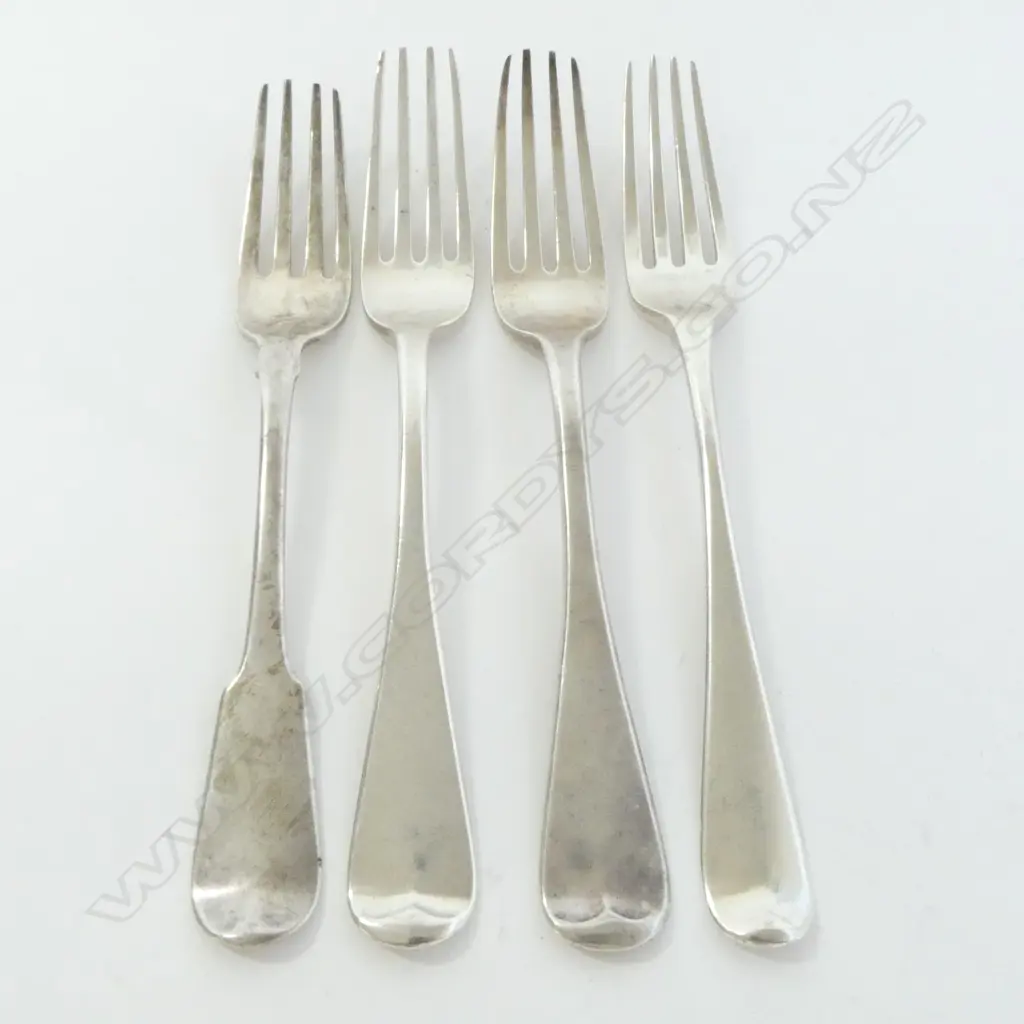 4 EARLY 19thC SILVER TABLE FORKS dble headed eagle crest 284gms. Image 1++