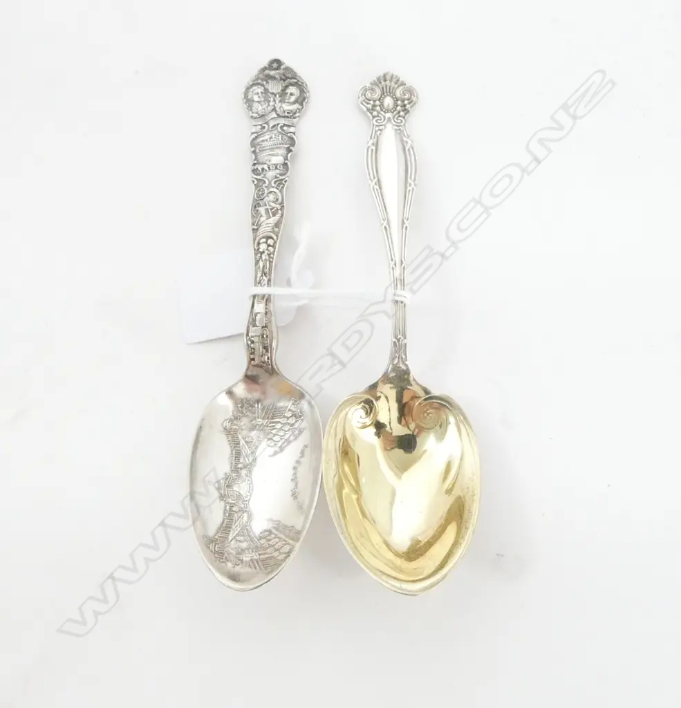 2 AMERICAN SILVER DESSERT SPOONS (1 marked St Louis 1904) 52gm Image 1++