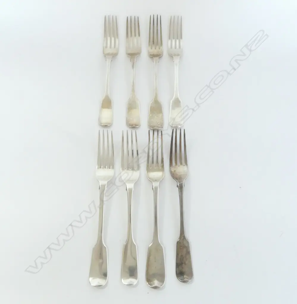 8 GEORGE III SILVER TABLE FORKS crested w standing dragon 592gms Image 1++