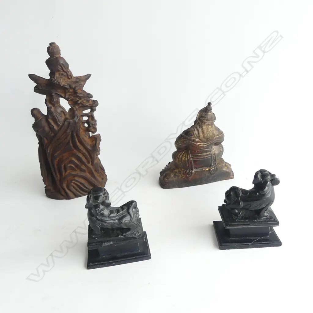 4 ORIENTAL FIGURINES; PR CARVED STONE FU DOGS, METAL & WOODEN FIGURES H.190mm Image 1++