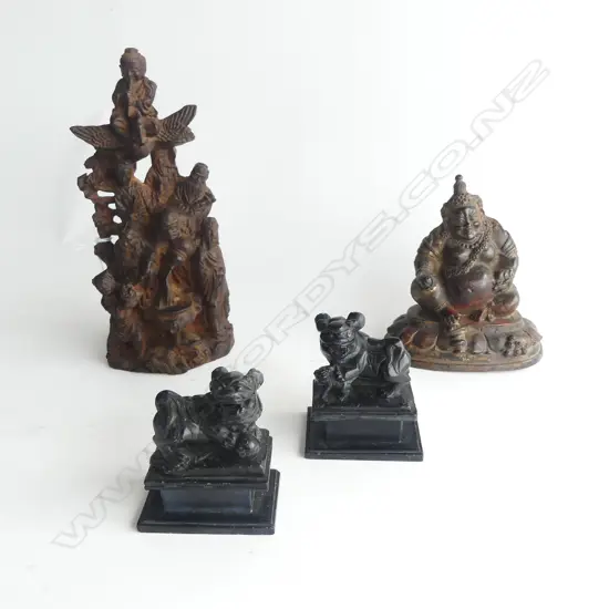 4 ORIENTAL FIGURINES; PR CARVED STONE FU DOGS, METAL & WOODEN FIGURES H.190mm