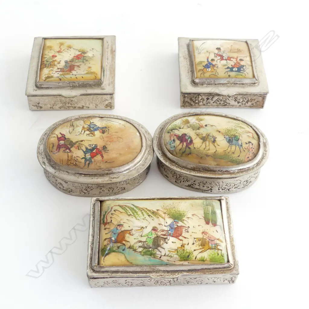 5 IRANIAN PILL BOXES; Hand painted miniatures on shell. W.60mm Image 1++